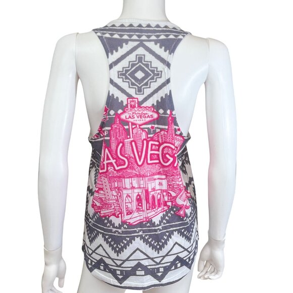 YMF Tank Top Womens M Gray Pink Las Vegas Graphic Glitter Racerback 100% Polyest - Picture 2 of 6